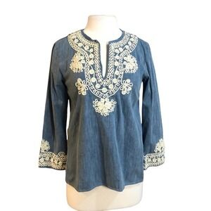 Zara Embroidered Chambray Top Size Small